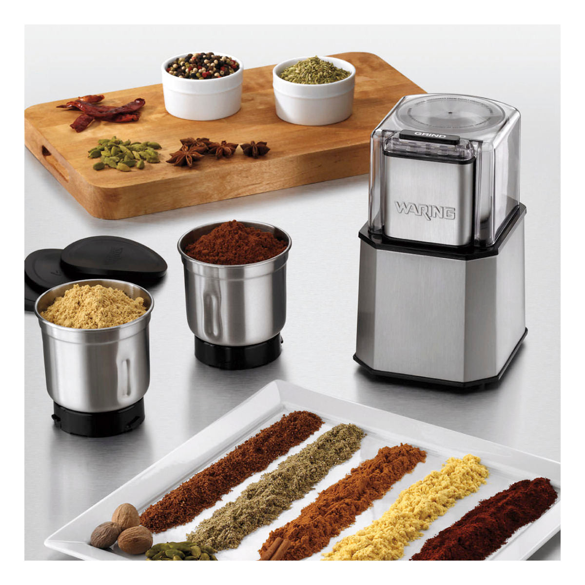 WSG30 - 1.5-Cup Commercial Heavy-Duty Spice Grinder w/ 3 Stainless Steel Cutter Bowl and Storage Lids by Waring Commercial